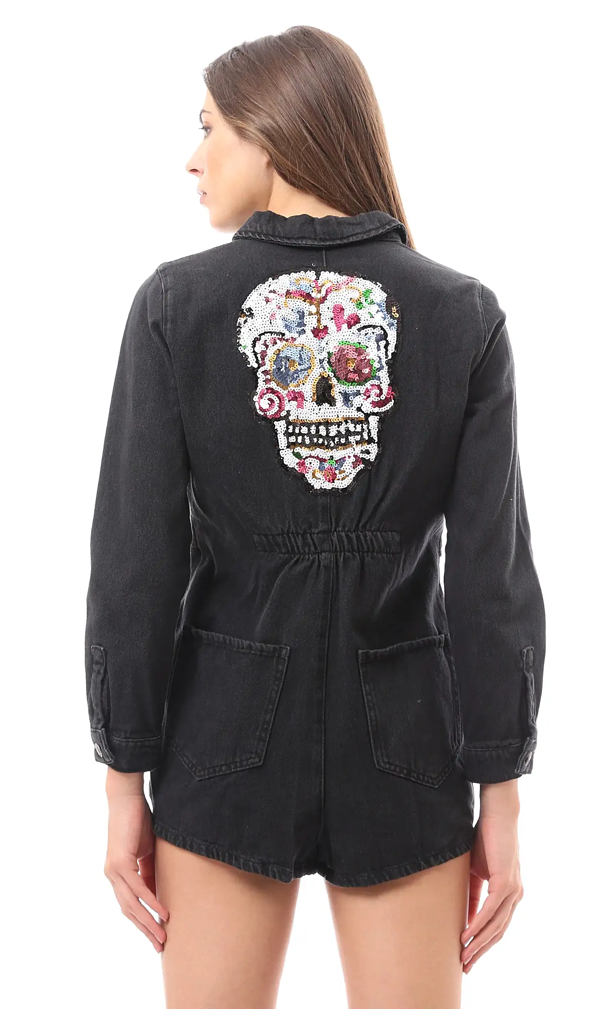 95683 Back Colorful Sequins Skull Black Denim Playsuit