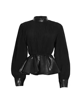 Black PU Leather Ruffle Pleated Top