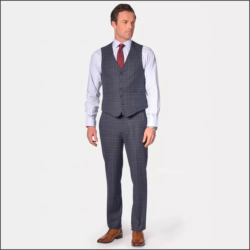 BROOK TAVERNER Blue POW with Wine Overcheck Suit Waistcoat***