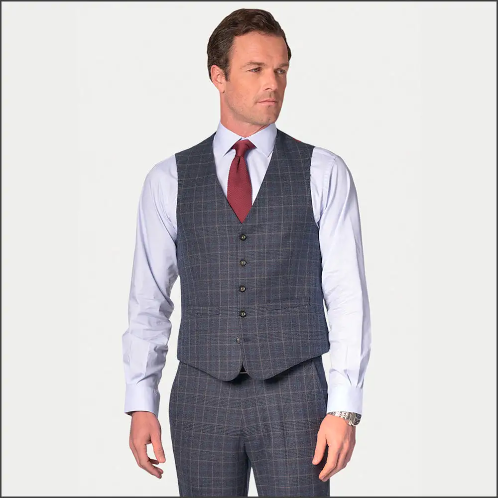 BROOK TAVERNER Blue POW with Wine Overcheck Suit Waistcoat***