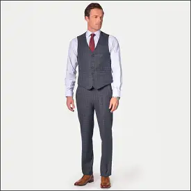 BROOK TAVERNER Blue POW with Wine Overcheck Suit Waistcoat***