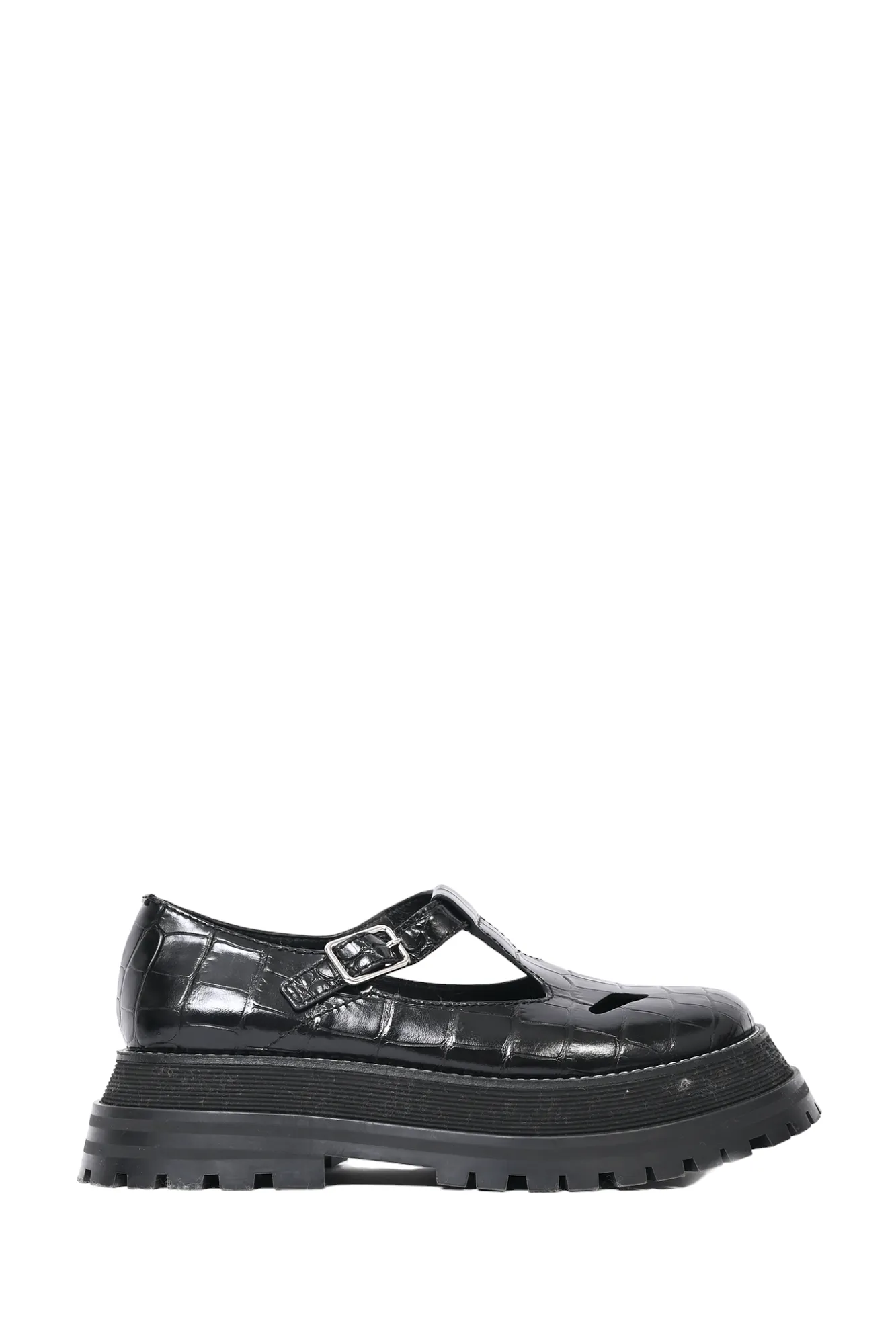 Burberry Black Croc Embossed Leather Platform T-Bar Oxfords Size 36