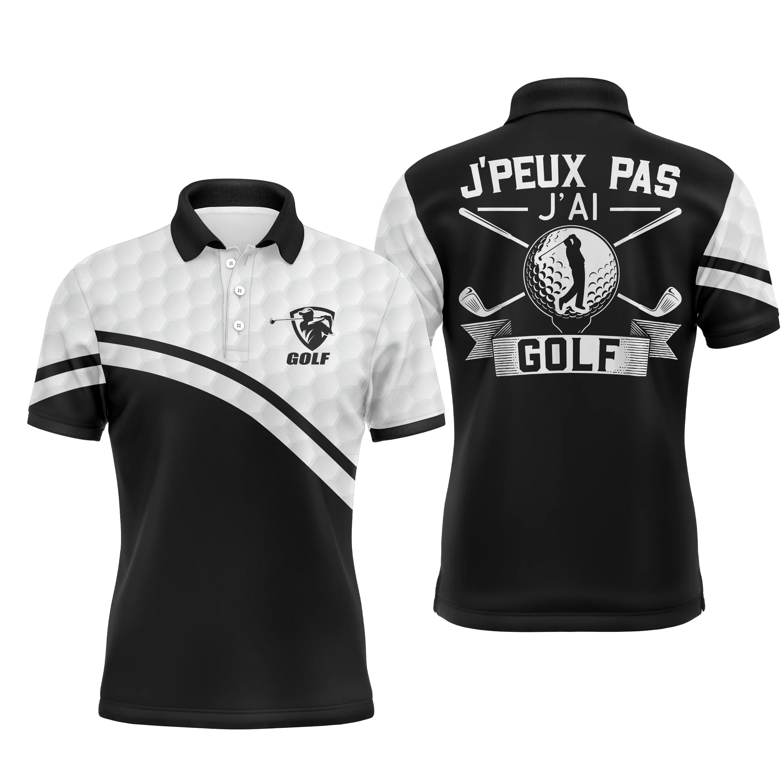 Chiptshirts Polo de Golf, Polo de Sport Manches Longues Homme Femme, Noir et Blanc, Motif Balle de Golf, Golfeur, Golfeuse, J'pe