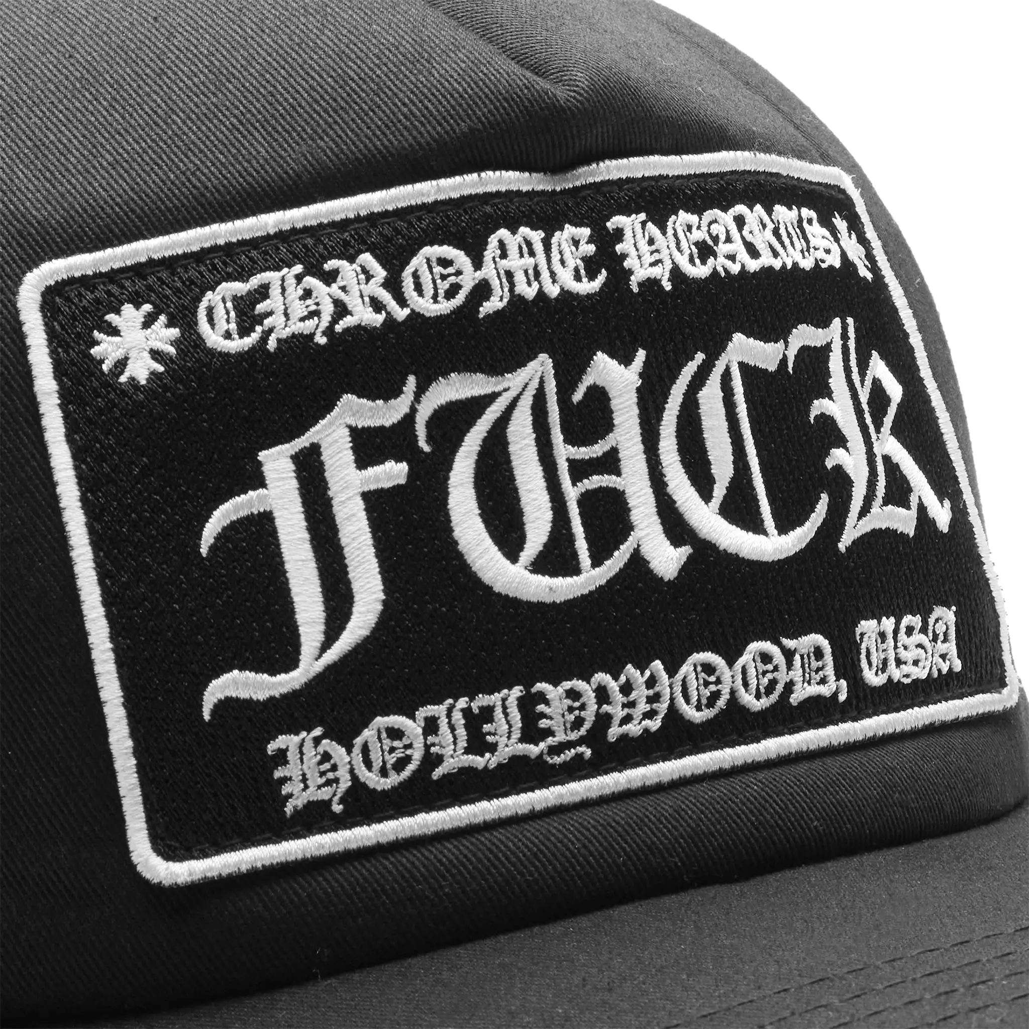 Chrome Hearts Fuck Hollywood Black Trucker Cap