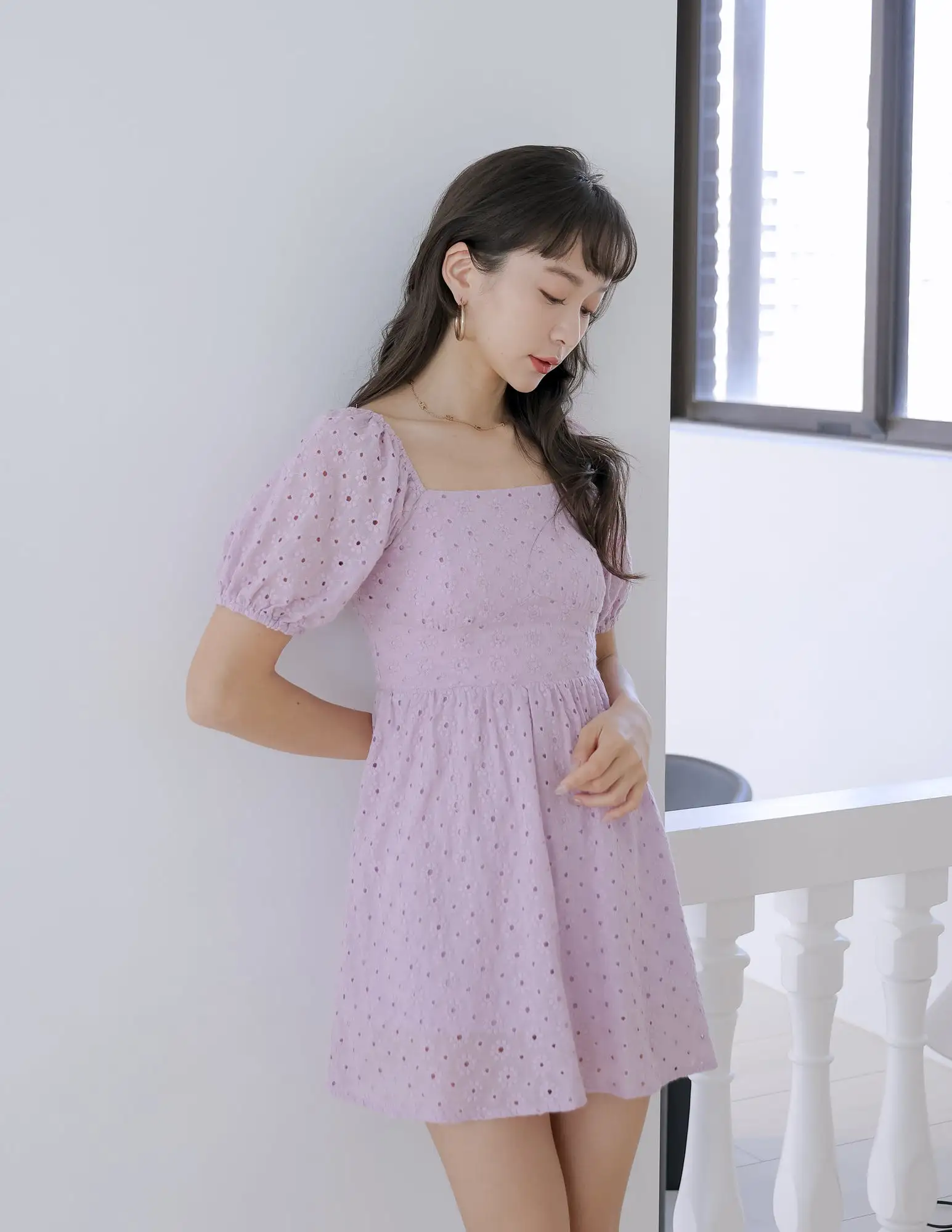 Darla Eyelet Dress Romper in Lavender