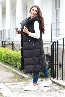 Double Second Black Long Lux Wrap Gilet Puffer