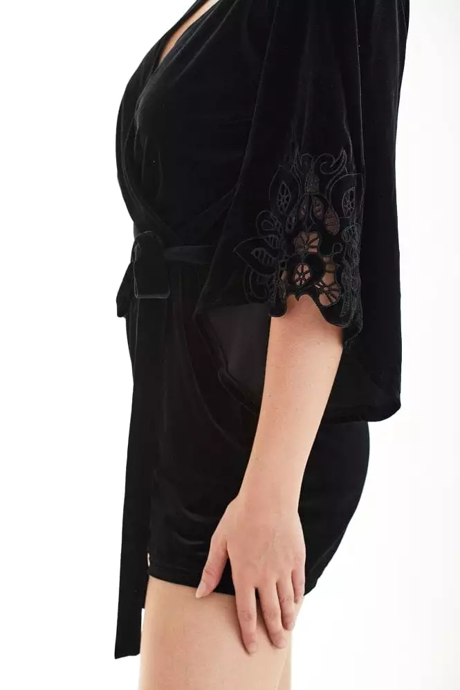 Double Second Black Velvet Embroidery Wrap Playsuit