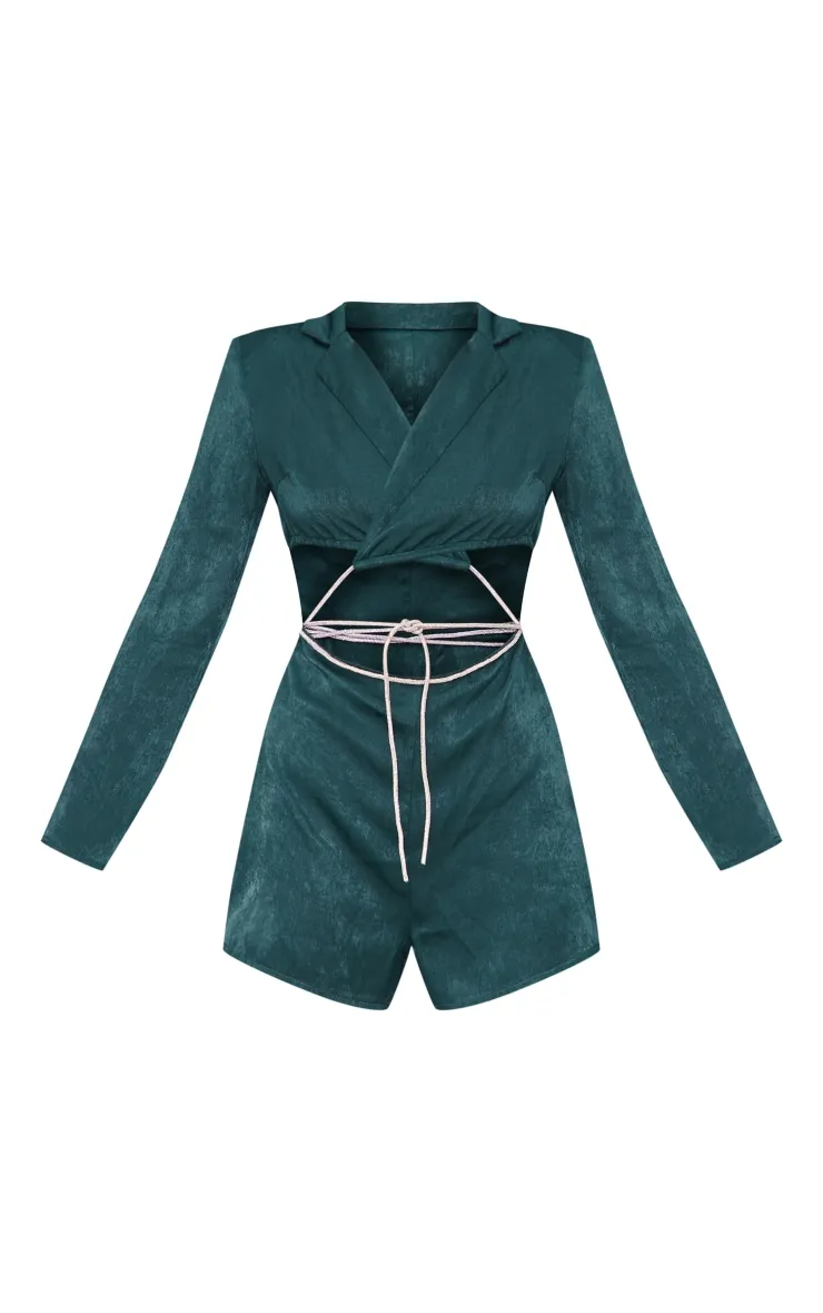 Emerald Green Satin Lapel Detail Diamante Waist Tie Playsuit