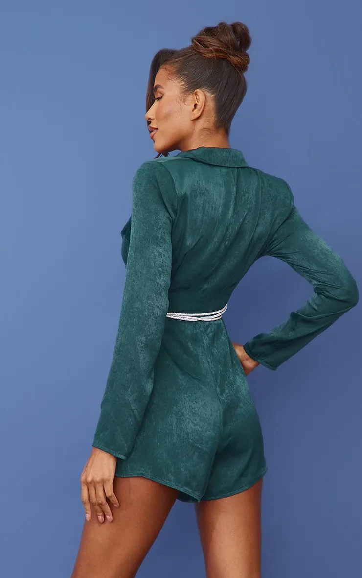 Emerald Green Satin Lapel Detail Diamante Waist Tie Playsuit