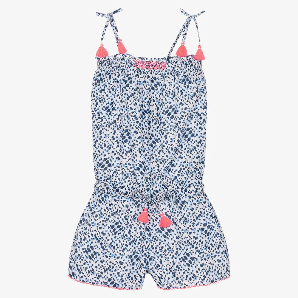 Girls Blue Animal Print Cotton Playsuit 