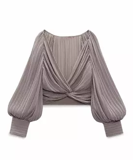 Gray Pleated Knotted Long Sleeve Top