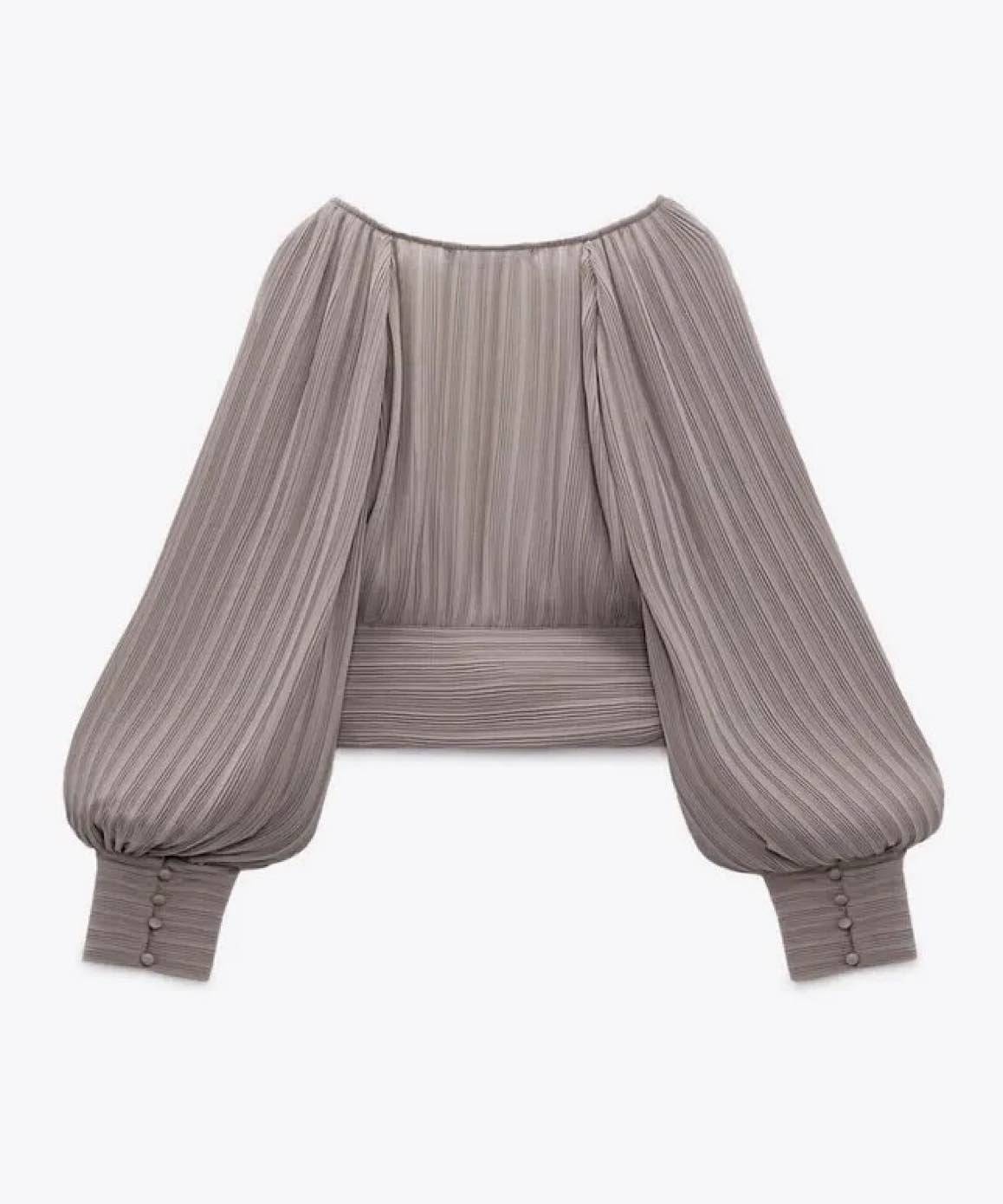 Gray Pleated Knotted Long Sleeve Top