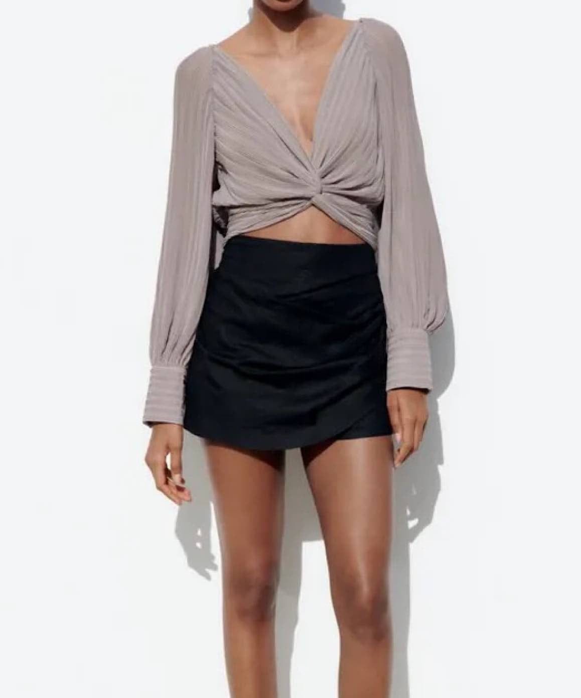 Gray Pleated Knotted Long Sleeve Top