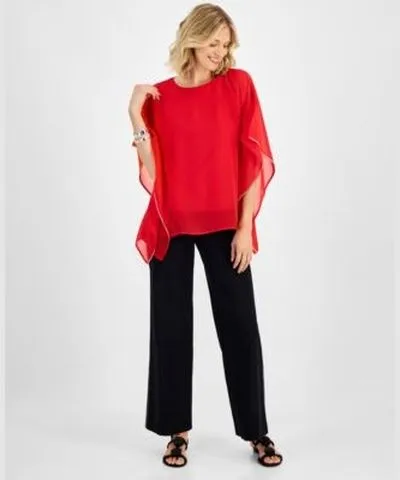 JM Collection Womens Chiffon Embellished Sleeve Poncho Top Embellished Wide Leg Pants Created For Macys