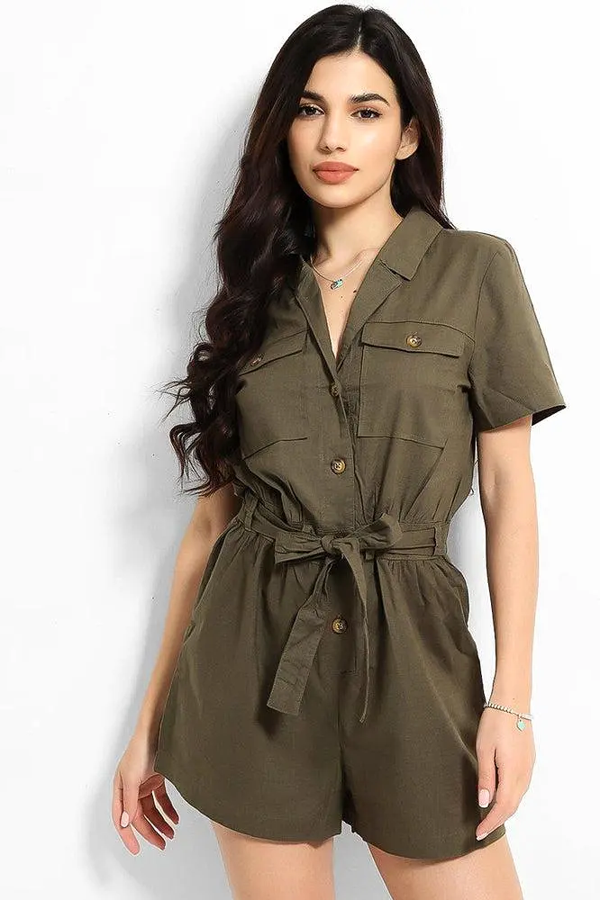 Khaki Thin Denim Button Down Waist Tie Playsuit