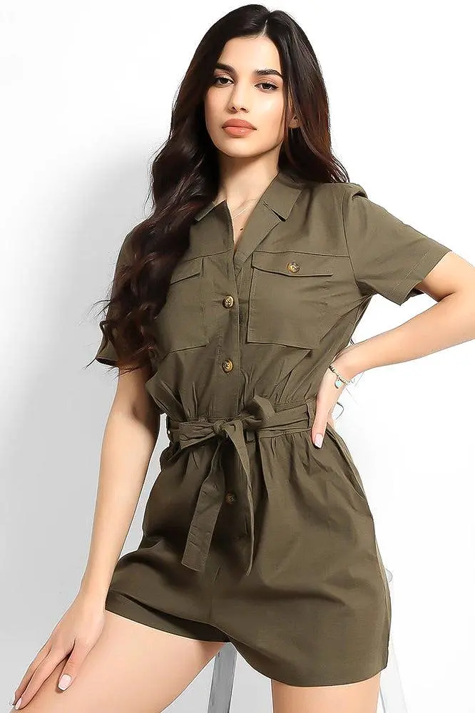 Khaki Thin Denim Button Down Waist Tie Playsuit