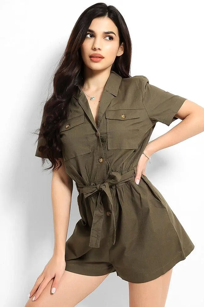 Khaki Thin Denim Button Down Waist Tie Playsuit