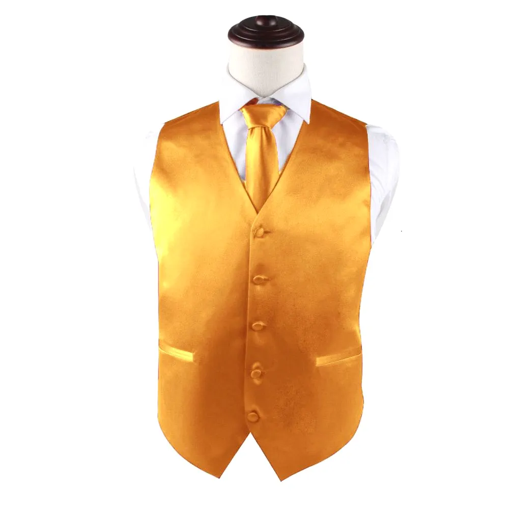 Mens Gold Plain Vest Waistcoat & Matching Neck Tie