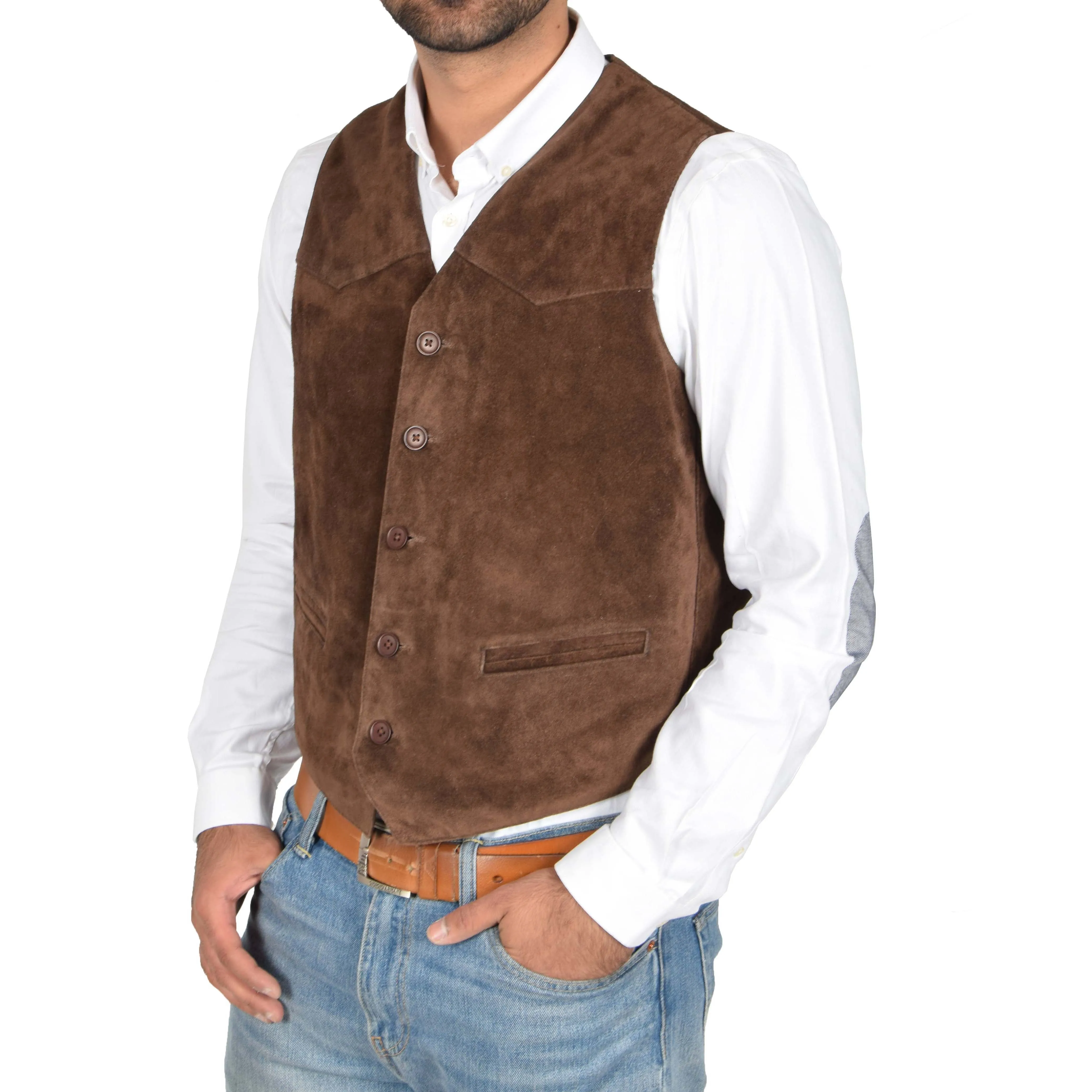 Mens Suede Button Fastening Waistcoat Don Brown