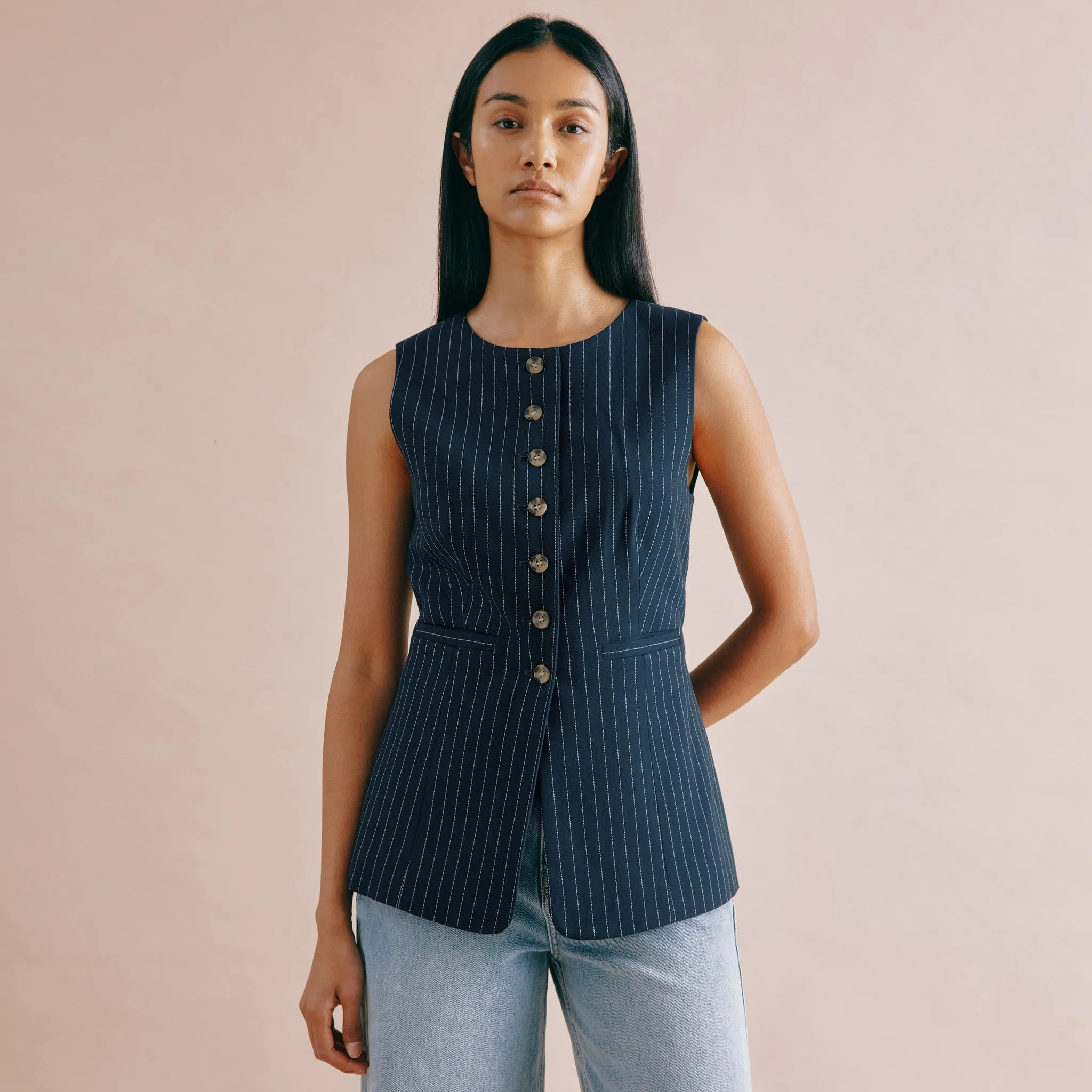 Navy Pinstripe Collarless Waistcoat