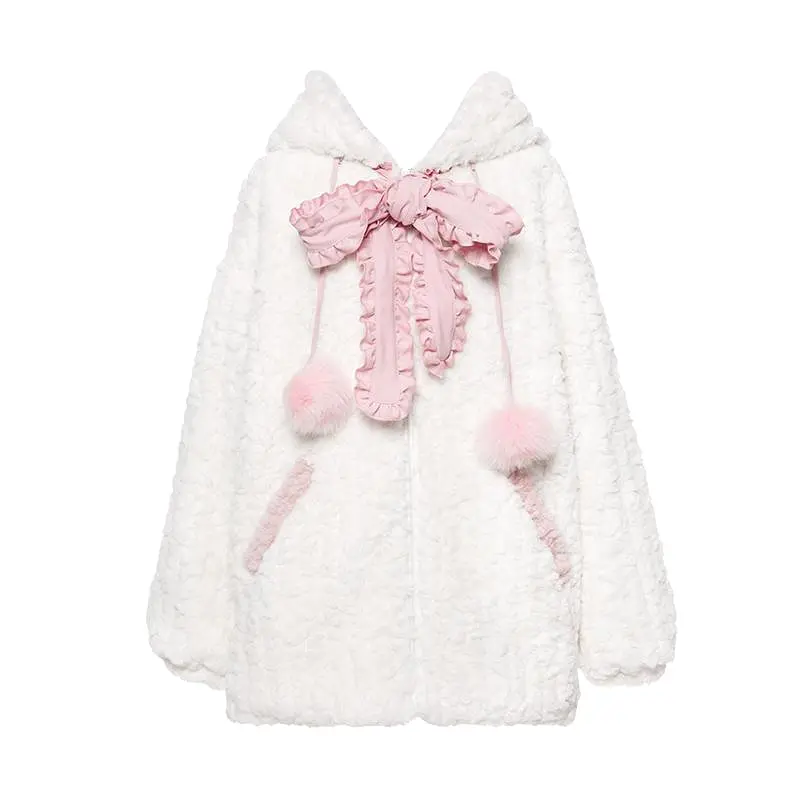 Pink Black Kitty Hoodie Tie Bowknot Coat - Kimi