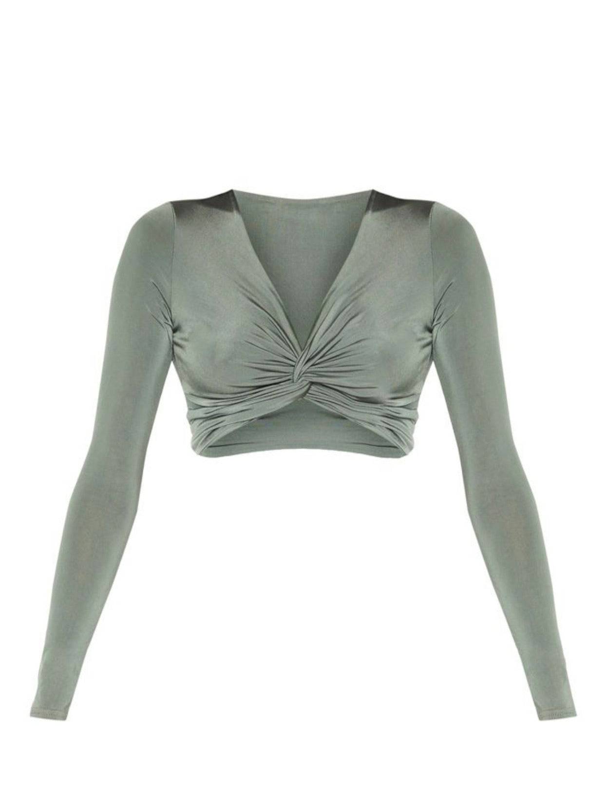 PLT Khaki Slinky Twist Front Long Sleeve Crop Top