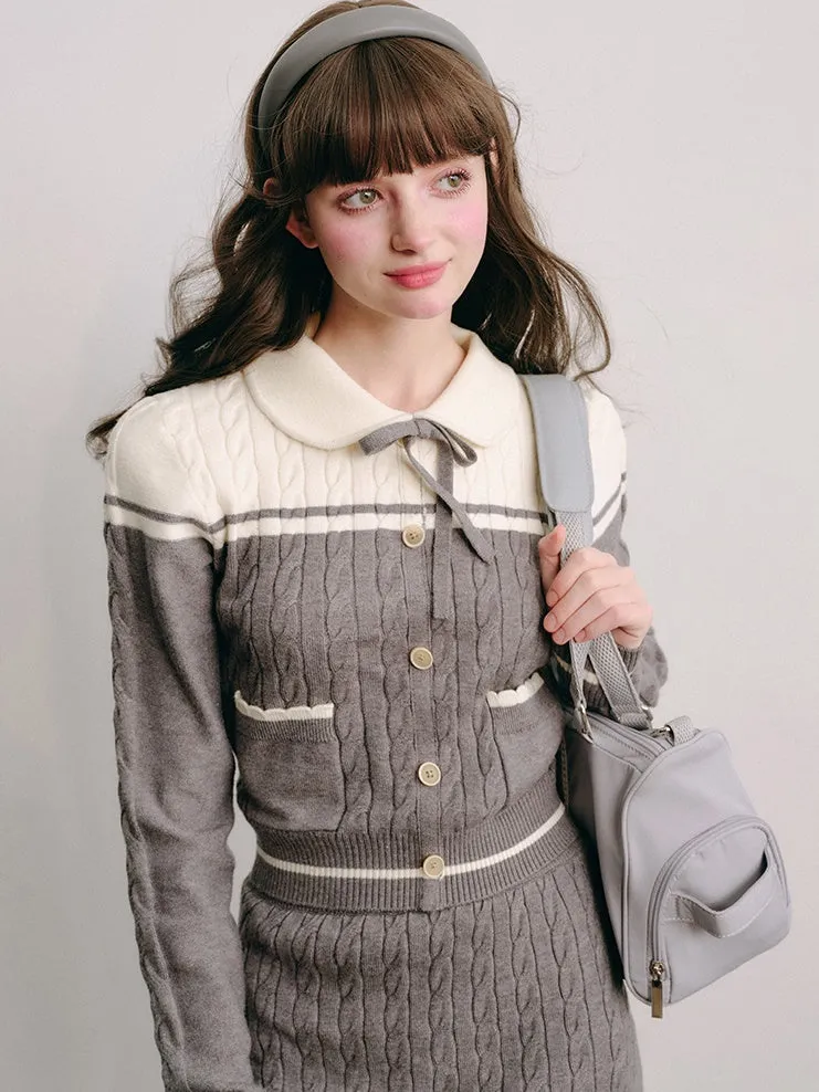 Polo Collar Knitted Sweater ＆ Cable Mini Skirt