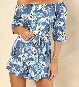 Signage Bardot Floral Playsuit With Belt And Frill Detail