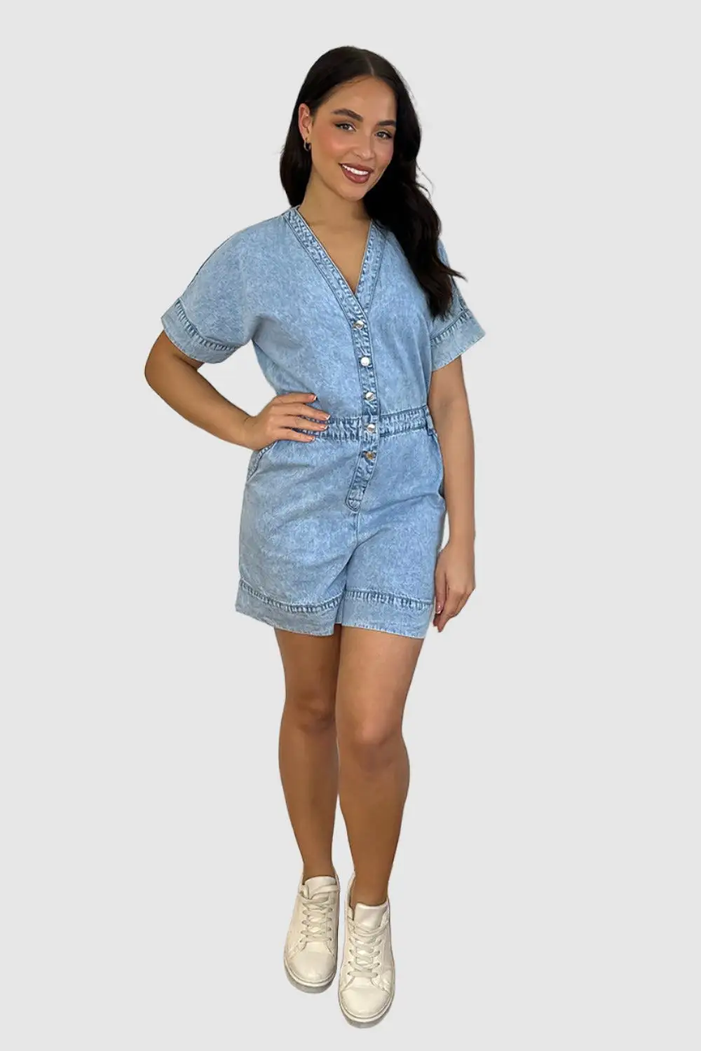 Sky Blue Denim V-Neck Playsuit