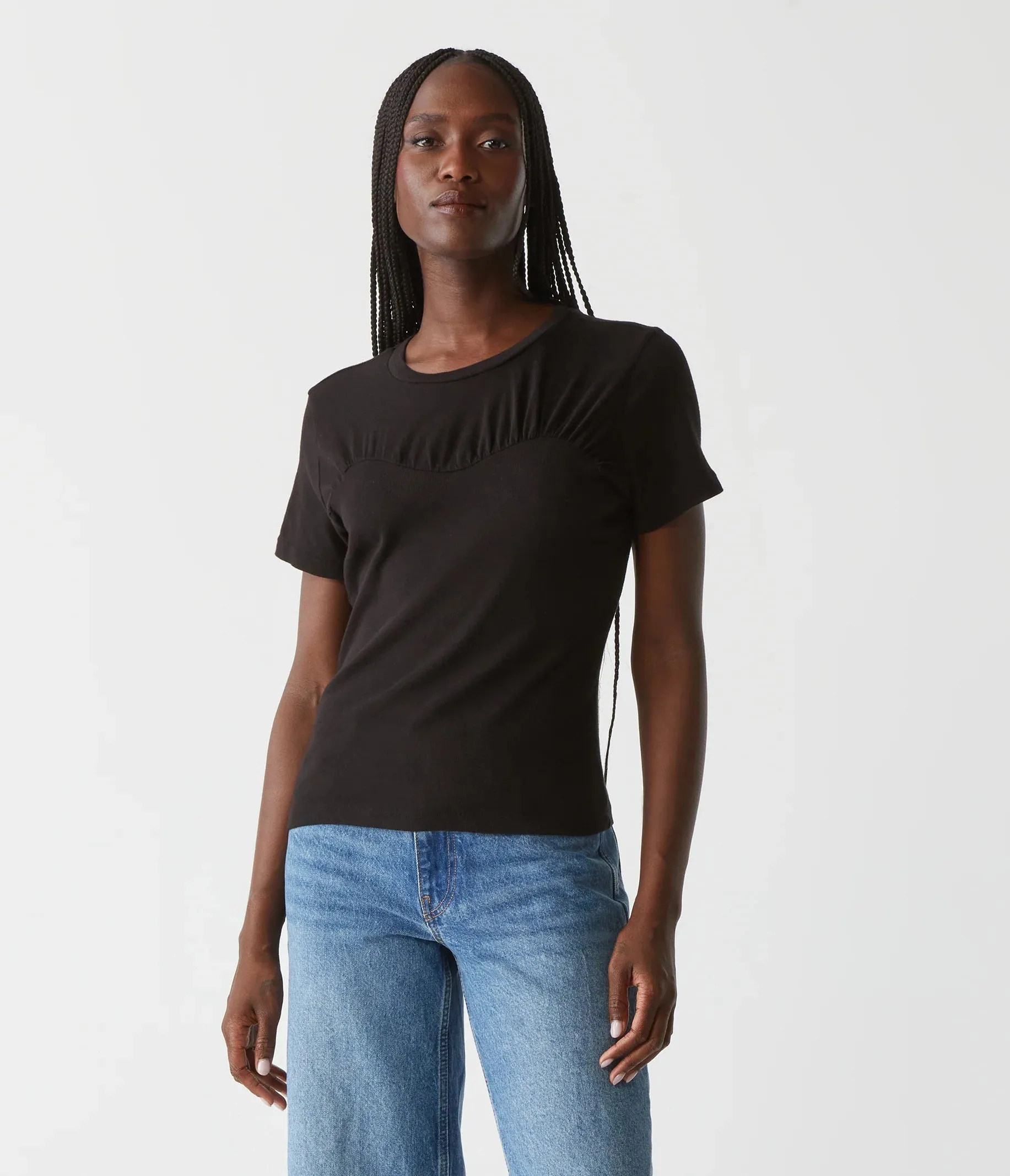 VICTORIA SHIRRED FABRIC MIX TEE