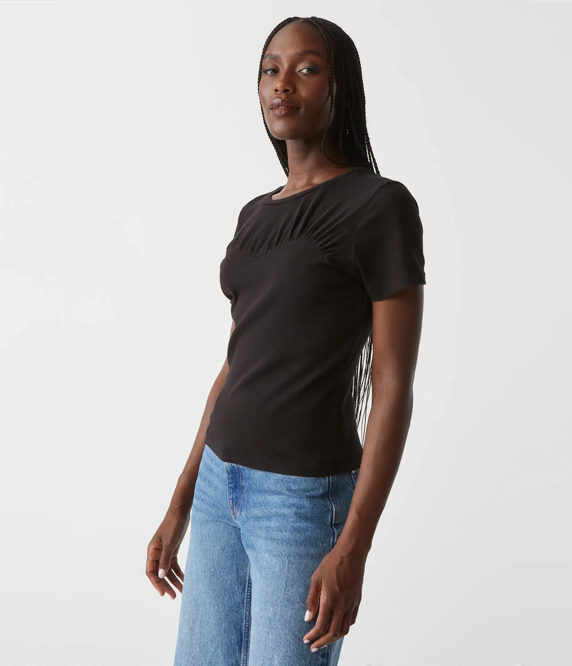 VICTORIA SHIRRED FABRIC MIX TEE