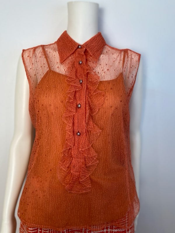 Vintage Chanel 02P, 2002 Spring 2-piece Orange Top Blouse Camisole sheer Lace Set FR 38