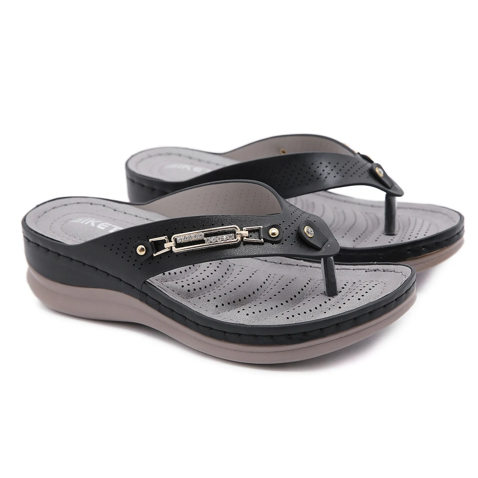 Women's Black Summer Microfiber Leather Flip Flop Solid Flat Slippers