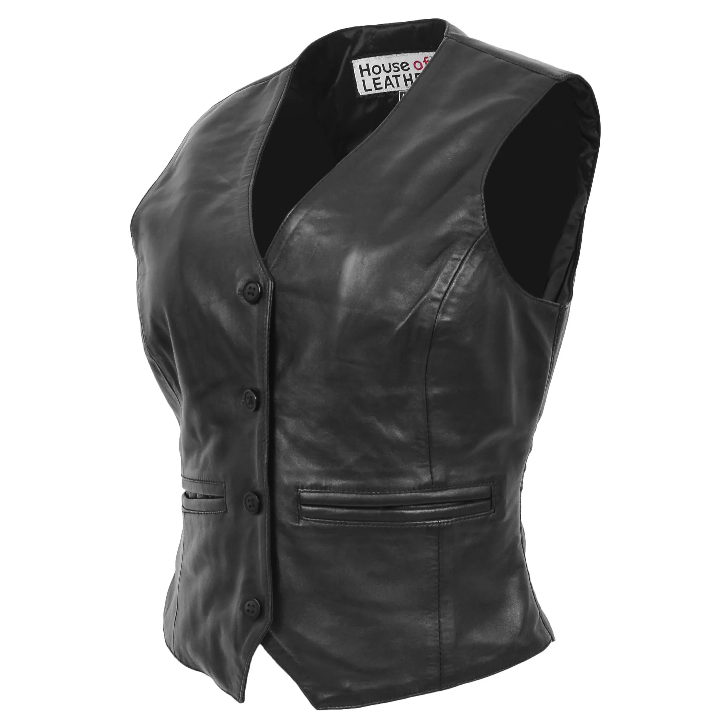 Womens Leather Classic Buttoned Waistcoat Rita Black